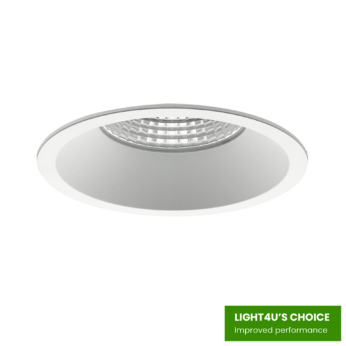 White version of the Light4U Cimbri HE downlight fixture with label.