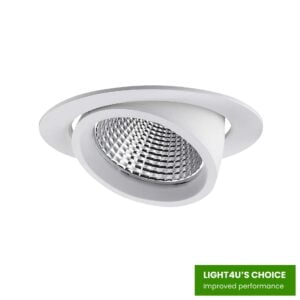 White version of the Sana HE recessed luminaire with label.