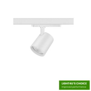 White version of the Edda S HE track luminaire with label.